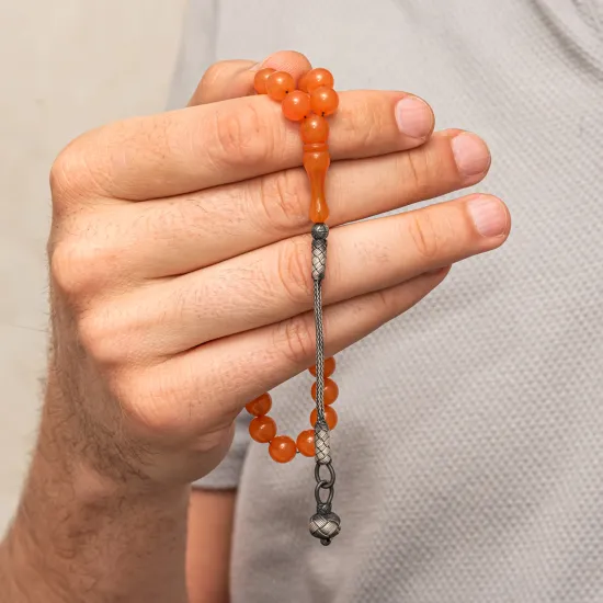 Gümüş Top Kazaz Püsküllü Turuncu Sıkma Kehribar Tesbih