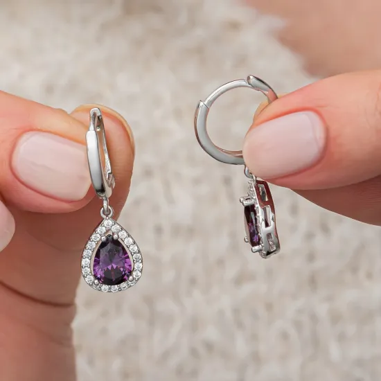 Gümüş Mor Zirkon Taşlı Damla Kadın Set