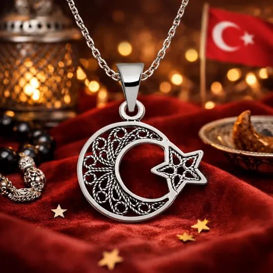 Gümüş Ay Yıldız Bayan Kolye
