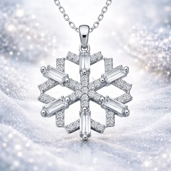 Gümüş Baget Taşlı Kar Tanesi Kolye