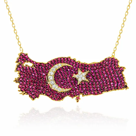 Gümüş Gold Ay Yıldız Türkiye Haritası Kadın Kolye