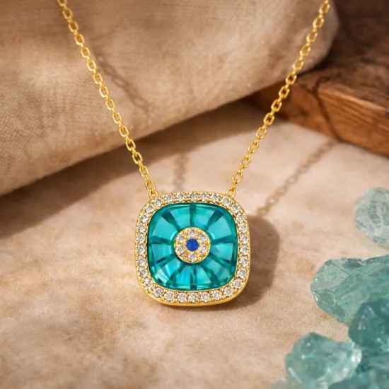 Gümüş Gold Kare Camgöz Nazar Bayan Kolye