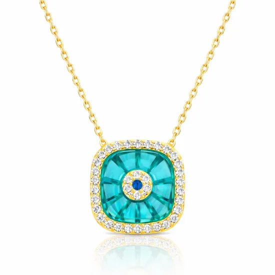 Gümüş Gold Kare Camgöz Nazar Bayan Kolye