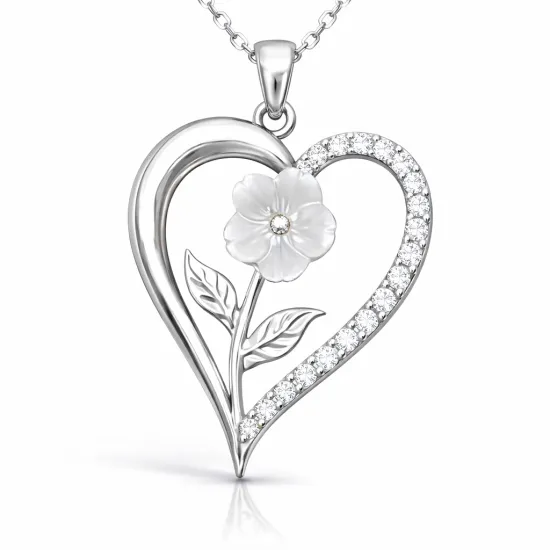 Gümüş Kalpli Beyaz Gül Kadın Kolye Gümüş Kalpli Beyaz Gül Kadın Kolye