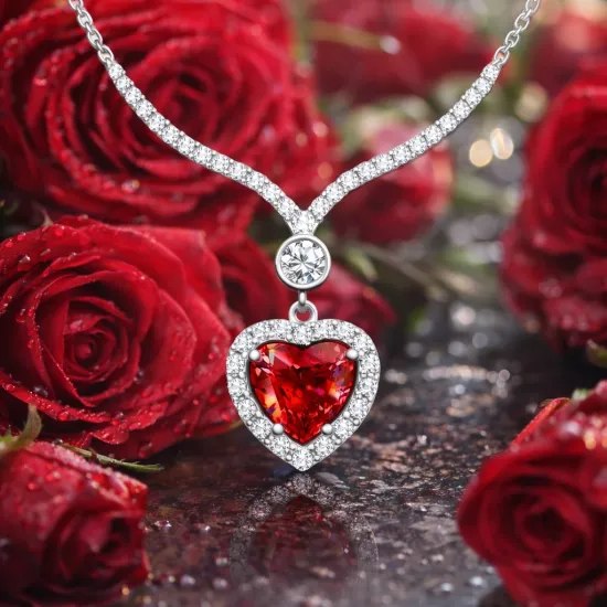 Gümüş Kırmızı Zirkon Taşlı Kalp Kadın Kolye