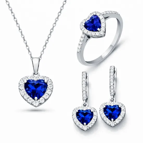 Gümüş Mavi Taşlı Kalpli Kadın Set Gümüş Mavi Taşlı Kalpli Kadın Set