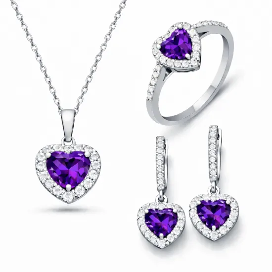 Gümüş Mor Taşlı Kalpli Kadın Set