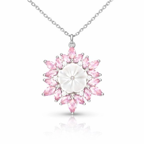 Gümüş Pembe Lotus Desenli Çiçek Kadın Kolye