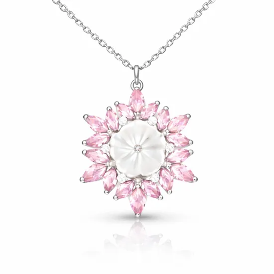 Gümüş Pembe Lotus Desenli Çiçek Kadın Kolye