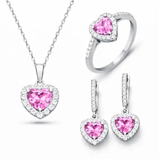 Gümüş Pembe Taşlı Kalpli Kadın Set
