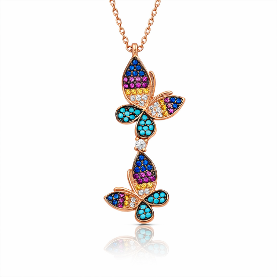 Gümüş Rose  Çift Kelebek Bayan Kolye
