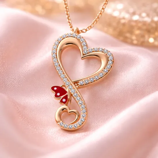 Gümüş Rose Kalpli Kelebek Kadın Kolye