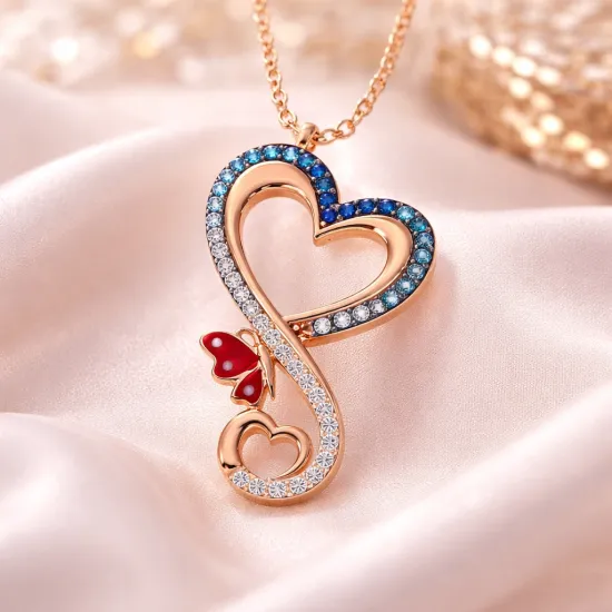 Gümüş Rose Kalpli Kelebek Kadın Kolye