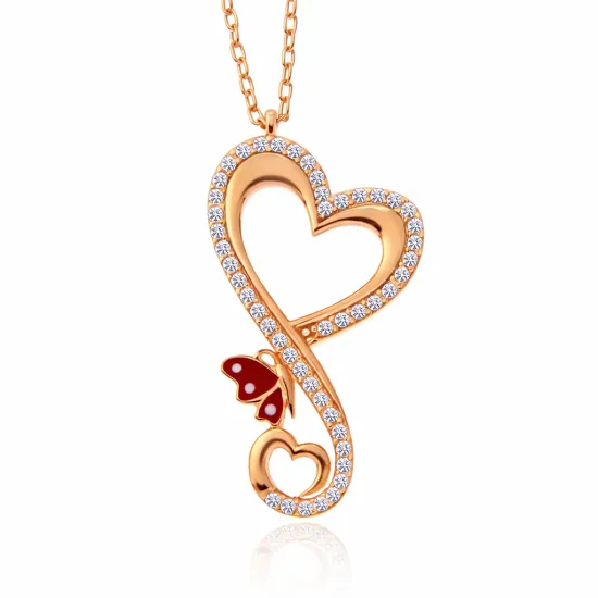 Gümüş Rose Kalpli Kelebek Kadın Kolye