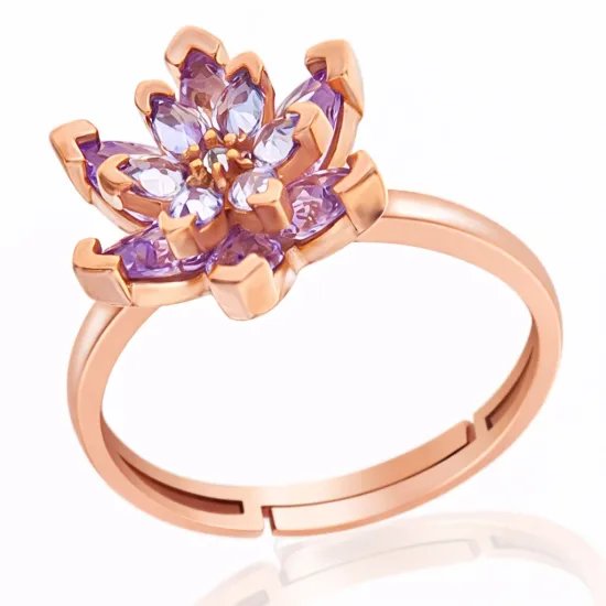 Gümüş Rose Lila Taşlı Lotus Çiçeği Kadın Yüzük