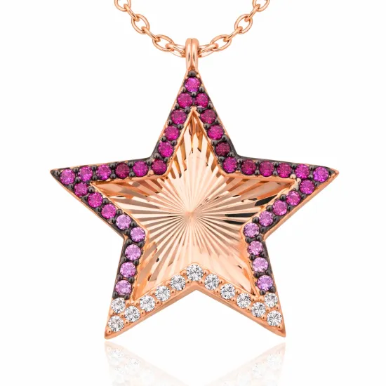 Gümüş Rose Pembe Fırfır Desenli Yıldız Bayan Kolye