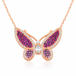 Gümüş Rose Pembe Kelebek Bayan Kolye