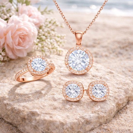 Gümüş Rose Yuvarlak Montür Tek Taş Set Gümüş Rose Yuvarlak Montür Tek Taş Set