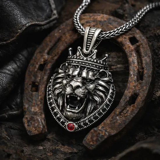 Gümüş Taçlı Aslan Figürlü Erkek Kolye