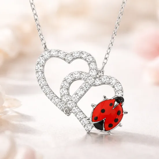 Gümüş Uğur Böcekli İkili Kalp Bayan Kolye