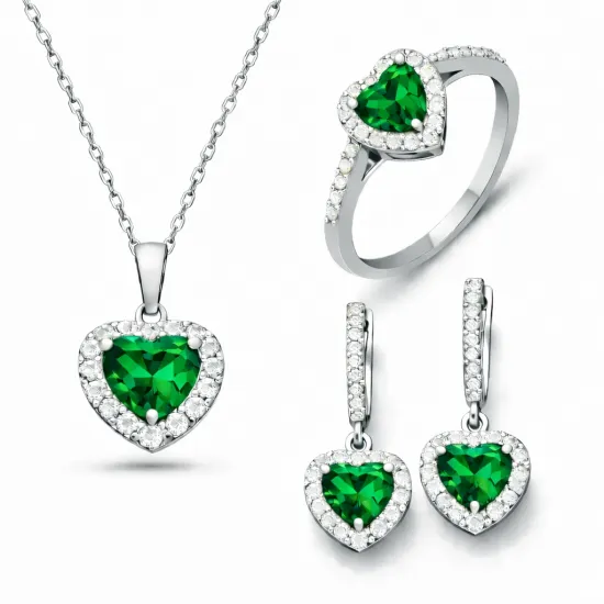Gümüş Yeşil Taşlı Kalpli Kadın Set