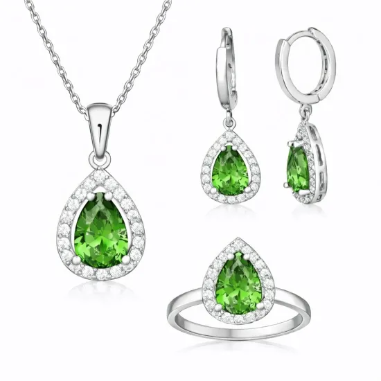 Gümüş Yeşil Zirkon Taşlı Damla Kadın Set