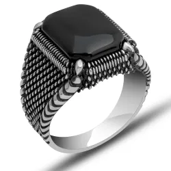 Gümüş Oniks Taşlı Erkek Yüzük