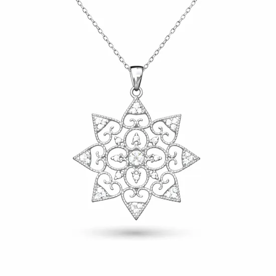 Gümüş Çiçek Desenli Kadın Kolye