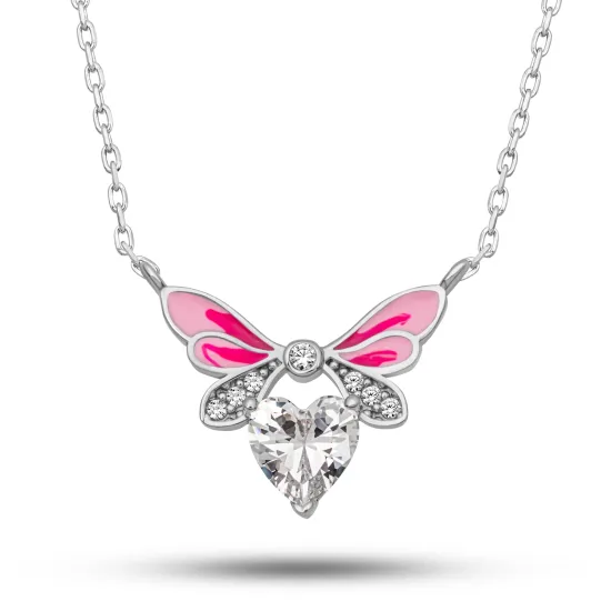 Gümüş Beyaz Kalp Peri Kanatlı Kolye