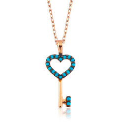 Gümüş Mavi Kalpli Anahtar Bayan Kolye