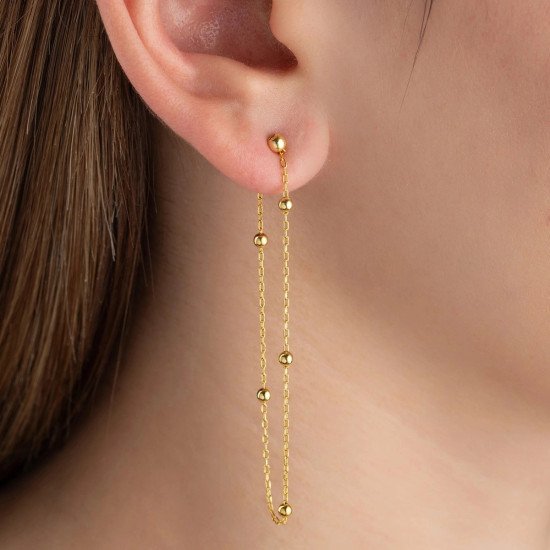 Gümüş Çift Zincirli Gold Top Detaylı Kadın Küpe Gümüş Çift Zincirli Gold Top Detaylı Kadın Küpe