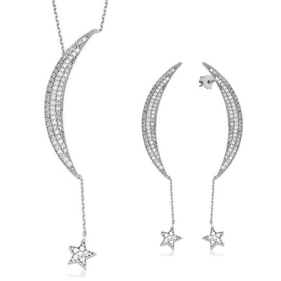 Gümüş Zincirli Ay Yıldız Bayan Set Gümüş Zincirli Ay Yıldız Bayan Set