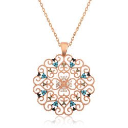 Gümüş Rose Etnik Desenli Madalyon Kolye