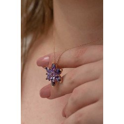 Gümüş Rose Mor Lotus Çiçeği Kolye