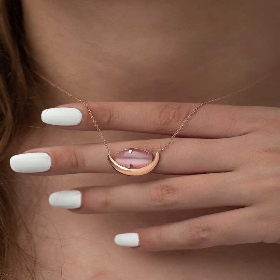 Gümüş Pembe Kedi Gözü Taşlı Hilal Kolye Gümüş Pembe Kedi Gözü Taşlı Hilal Kolye