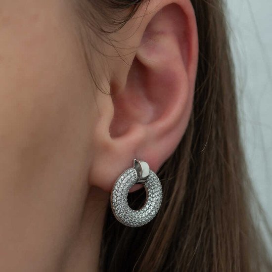 Gümüş Çok Taşlı Daire Bayan Küpe Gümüş Çok Taşlı Daire Bayan Küpe