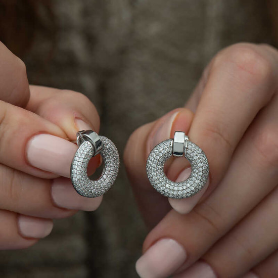 Gümüş Çok Taşlı Daire Bayan Küpe Gümüş Çok Taşlı Daire Bayan Küpe