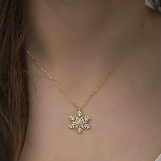 Gümüş Gold Kar Tanesi Kolye