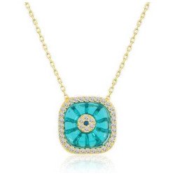 Gümüş Gold Kare Camgöz Nazar Bayan Kolye