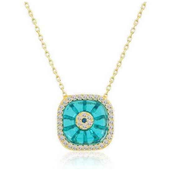 Gümüş Gold Kare Camgöz Nazar Bayan Kolye