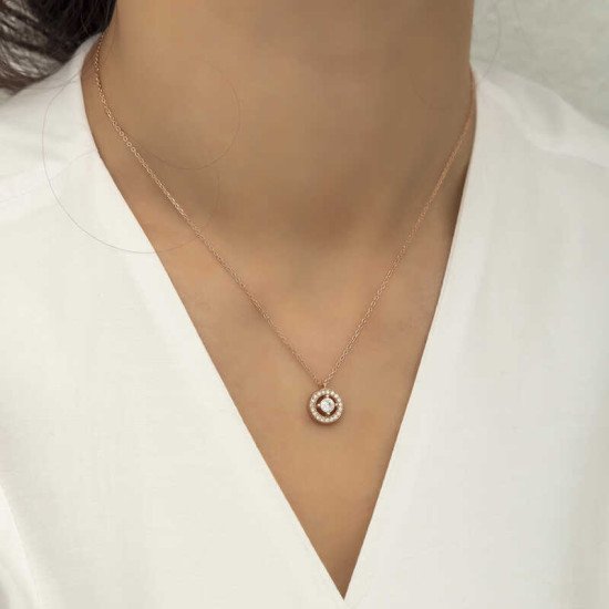 Gümüş Rose Minimal Yuvarlak Tektaş Bayan Kolye Gümüş Rose Minimal Yuvarlak Tektaş Bayan Kolye