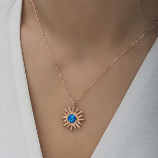 Gümüş Rose Mavi Opal Taşlı Güneş Kadın Kolye Gümüş Rose Mavi Opal Taşlı Güneş Kadın Kolye