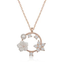 Gümüş Rose Manolya Çiçeği Yıldız Kadın Kolye