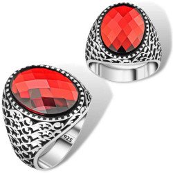 Gümüş Kırmızı Zirkon Taşlı Oval Erkek Yüzük Gümüş Kırmızı Zirkon Taşlı Oval Erkek Yüzük