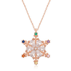 Gümüş Rose Renkli Taşlı Kar Tanesi Kadın Kolye