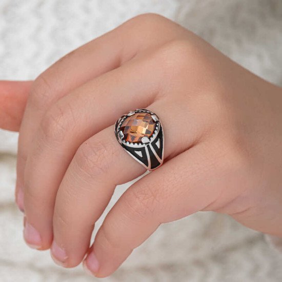 Gümüş Turuncu Zirkon Taşlı Çocuk Erkek Yüzük Gümüş Turuncu Zirkon Taşlı Çocuk Erkek Yüzük