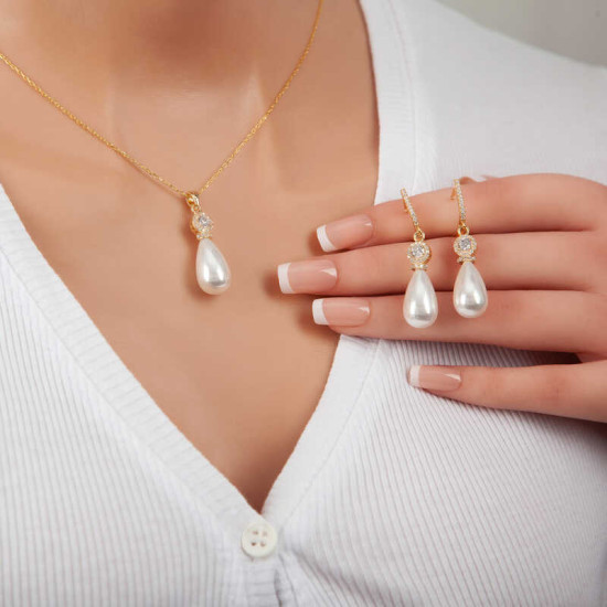 Gümüş Gold Damla İnci Kadın Set Gümüş Gold Damla İnci Kadın Set