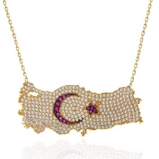 Gümüş Gold Ay Yıldız Türkiye Haritası Kadın Kolye Gümüş Gold Ay Yıldız Türkiye Haritası Kadın Kolye