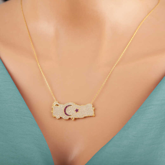 Gümüş Gold Ay Yıldız Türkiye Haritası Kadın Kolye Gümüş Gold Ay Yıldız Türkiye Haritası Kadın Kolye