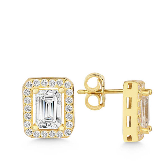 Gümüş Gold Beyaz Baget Taşlı Çivili Kadın Küpe Gümüş Gold Beyaz Baget Taşlı Çivili Kadın Küpe